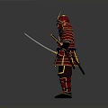 Man in Traditional Samurai Armor with Red and Gold Details and Helmet