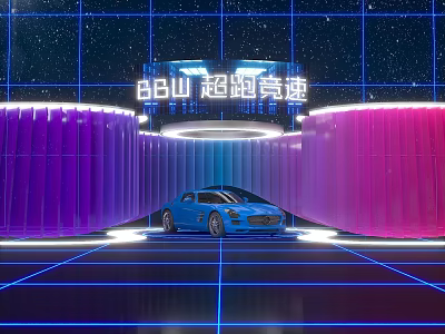 Futuristic Photo Spot with BBU Supercar Blue Racer Purple Pink Curved Structures Starry Sky Background 3d model