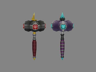 Fantasy Weapon Hammers With Red Blue Gems Yellow Teal Spikes And Decorative Black Purple Handles 3d model