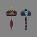 Fantasy Weapon Hammers With Red Blue Gems Yellow Teal Spikes And Decorative Black Purple Handles