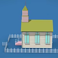 Cartoon Church Scene with Green Roof Pink Steeple Cross White Picket Fence on Blue Background
