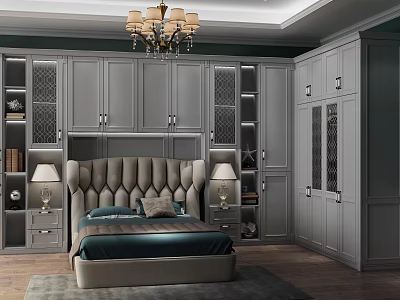 Elegant Double Bed With Tufted Headboard Grey Wardrobes And Nightstand Lamps 3d model