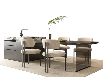 Modern Dining Table And Chair Set With Beige Seats Black Frame Marble Counter And Plant 3d model