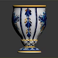Ceramic Sculpture Vase with Blue and White Patterns Golden Rim and Woven Base