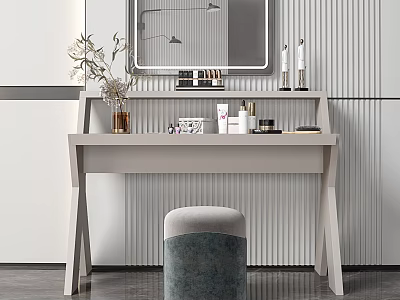 Modern Minimalist Dressing Table Design With Mirror Stool And Cosmetic Items 3d model