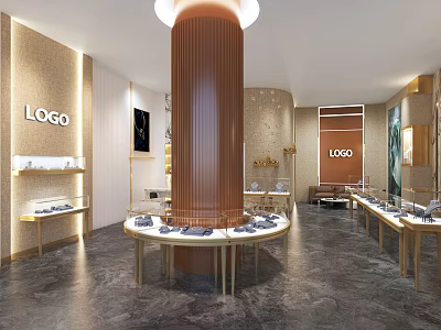 Elegant Modern Jewelry Store Interior With Round Display Counters And Bright Lighting Fixtures 3d model