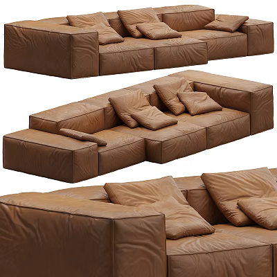 Modern Brown Leather Sectional Sofa With Plush Cushions For Living Room Comfort 3d model