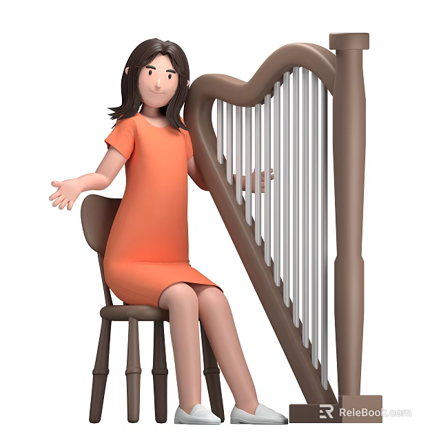 Woman in orange dress sitting on chair next to harp with hands outstretched 3d model 