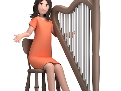 Woman in orange dress sitting on chair next to harp with hands outstretched 3d model