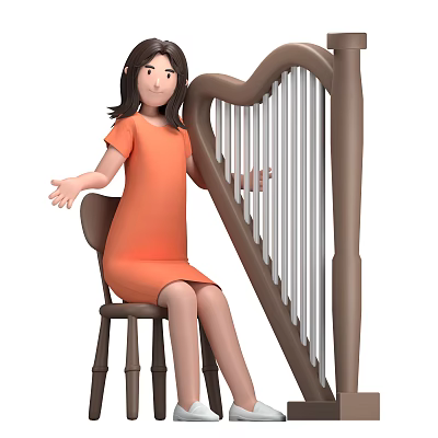 Woman in orange dress sitting on chair next to harp with hands outstretched 3d model