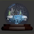Wooden Furniture Base With Snow Globe Decoration Featuring Snow Scene And Christmas Trees