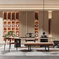Traditional Tea Room Interior With Wooden Bookshelves Screen Tea Sets And Green Plants