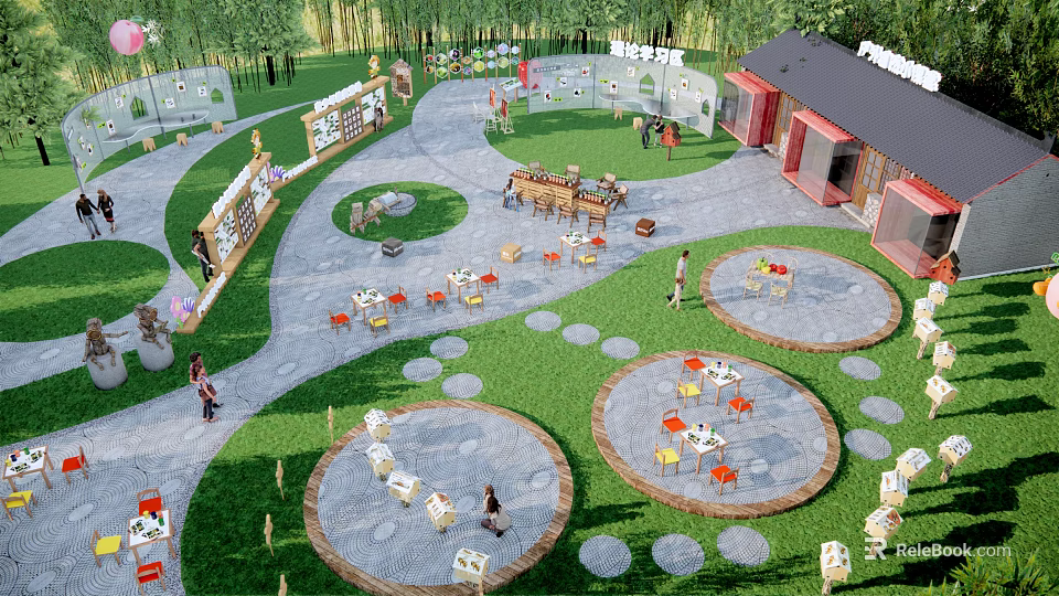 Tranquil Garden Landscape Featuring Circular Seating Areas Tables Chairs Trees And Pathways 3d model