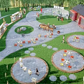 Tranquil Garden Landscape Featuring Circular Seating Areas Tables Chairs Trees And Pathways 3d model