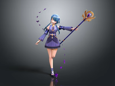 Game Anime Character With Blue Hair Purple Outfit Holding Magic Staff And Purple Butterflies 3d model