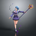 Game Anime Character With Blue Hair Purple Outfit Holding Magic Staff And Purple Butterflies