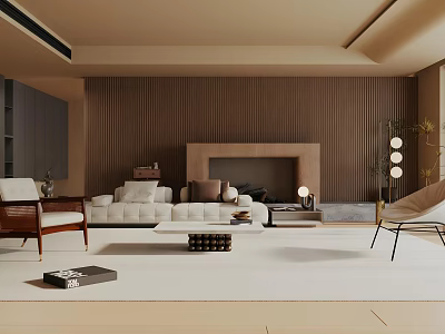 Warm Modern Living Room Interior With Brown Wooden Paneled Walls White Sofa And Fireplace 3d model