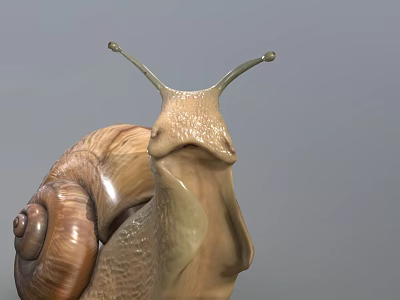 Detailed Snail Close Up With Brown Shell And Extended Antennae On Gray Background 3d model