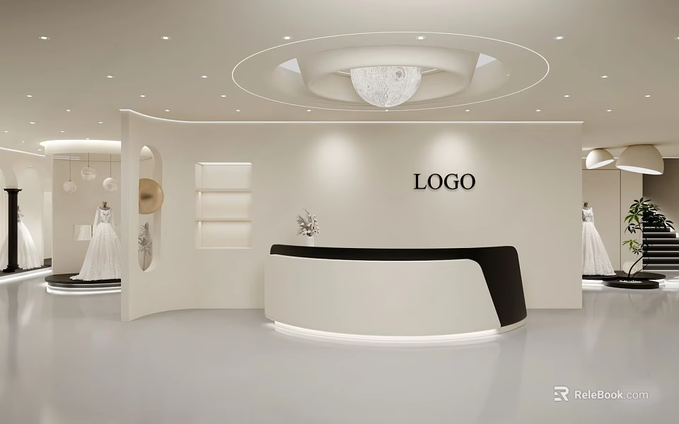 Modern Wedding Dress Shop Interior Featuring Reception Counter Logo Chandelier And Displayed Dresses 3d model 