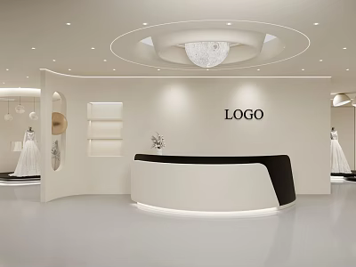Modern Wedding Dress Shop Interior Featuring Reception Counter Logo Chandelier And Displayed Dresses 3d model