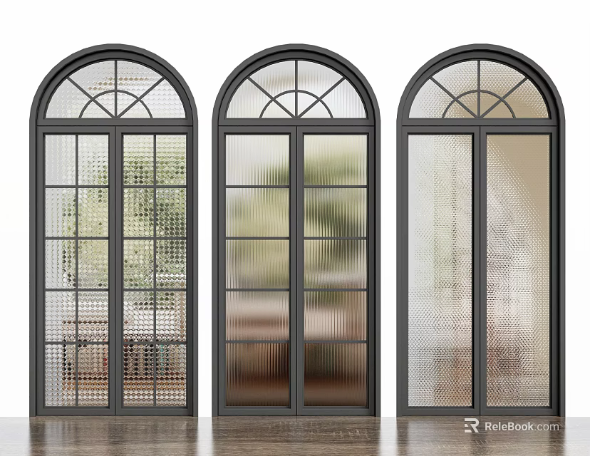 Classic Double Doors With Arched Top Black Frames And Various Textured Glass Designs 3d model 