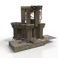 Contemporary Setting Featuring Ancient Stone Ruin Model with Broken Pillars and Debris
