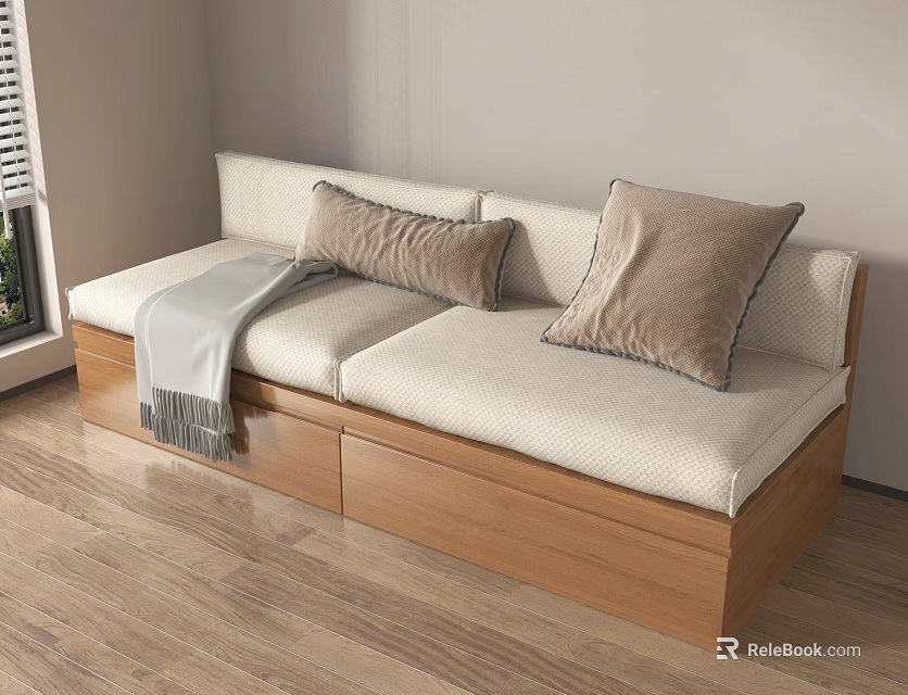 Cozy Modern Sofa With Beige Cushions Wooden Base Pillows And Blanket 3d model 