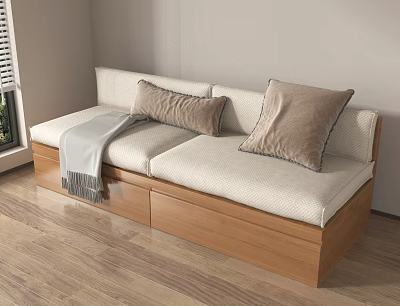 Cozy Modern Sofa With Beige Cushions Wooden Base Pillows And Blanket 3d model