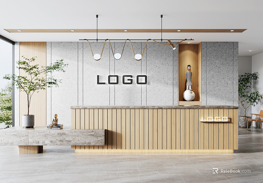 Modern Minimalist Reception Desk With Wooden Counter Stone Wall Logo Pendant Lights And Potted Plant 3d model 