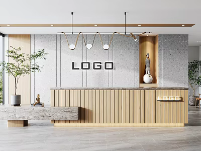 Modern Minimalist Reception Desk With Wooden Counter Stone Wall Logo Pendant Lights And Potted Plant 3d model