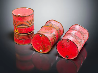 Industrial Equipment Featuring Three Red Rustic Barrels With Shiny Reflective Surfaces 3d model