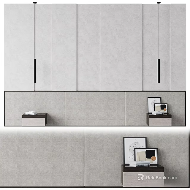 Modern Minimalist Bed Background Wall With Gray Panels Linear Details And Bedside Decorative Frames 3d model