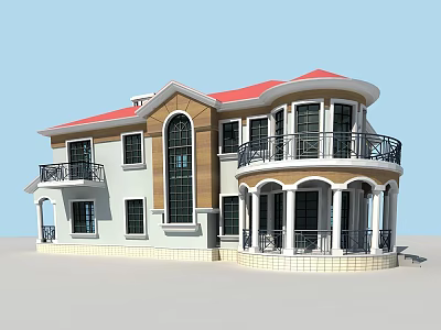 Elegant Detached Villa With Red Roof Balcony Black Railings And Arched Windows 3d model