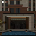 Modern Residential Building Main Entrance Gate With Glass Doors Illuminated Pool Greenery And Lighting