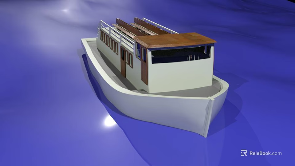 Detailed Wooden Boat Model With White Hull Brown Roof And Deck Windows 3d model 
