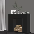 Modern Fireplace with Photo Frames Vase Green Plant and Book on Mantel and Stacked Firewood