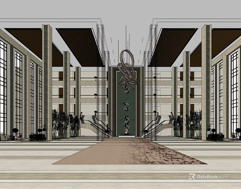 Spacious Hotel Lobby Interior Featuring Grand Decoration Tall Columns Escalators And Glass Windows 3d model 