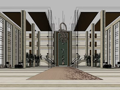 Spacious Hotel Lobby Interior Featuring Grand Decoration Tall Columns Escalators And Glass Windows 3d model