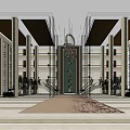 Spacious Hotel Lobby Interior Featuring Grand Decoration Tall Columns Escalators And Glass Windows