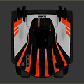 Red And Black Racing Model Vehicle With Aerodynamic Design And White Stripes
