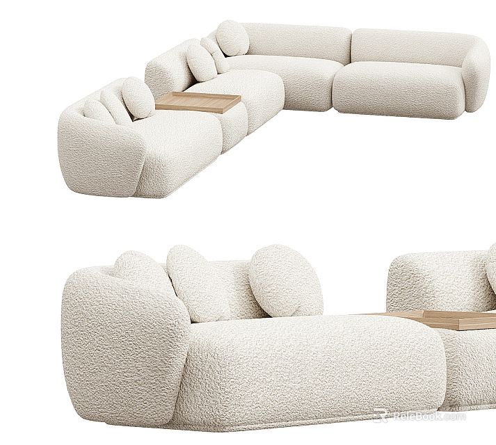 Modern Plush L shaped Sectional Sofa with Soft Fabric Cushions and Wooden Tray 3d model 