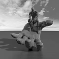 Giant Hand Sculpture With Small Figure Sitting On Top Against Blue Sky Green Field