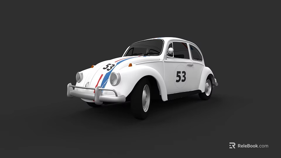 White Classic Beetle Car With Number 53 And Blue Red Stripes 3d model 