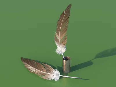 Elegant Decorative Ornament Set With Brown White Feathers And Metal Pen Holder On Green Background 3d model