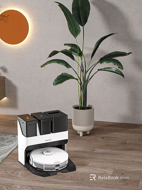 Smart Trash Can With Multiple Compartments Near Large Leafy Potted Plant On Wooden Floor 3d model 