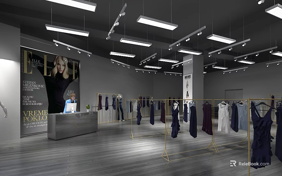 Modern Clothing Store Interior With Various Dresses On Gold Display Racks And Bright Lighting 3d model 