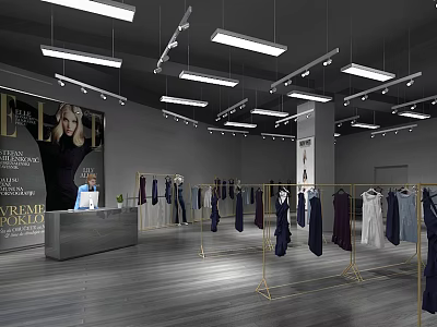 Modern Clothing Store Interior With Various Dresses On Gold Display Racks And Bright Lighting 3d model