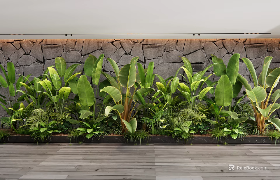Lush Green Plants Against Stone Wall On Wooden Platform 3d model 