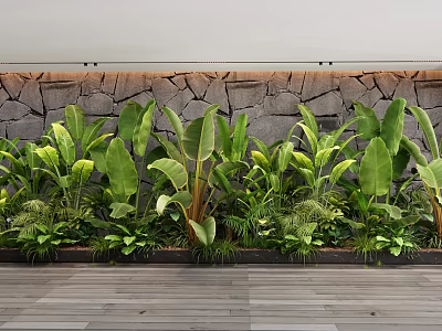 Lush Green Plants Against Stone Wall On Wooden Platform 3d model