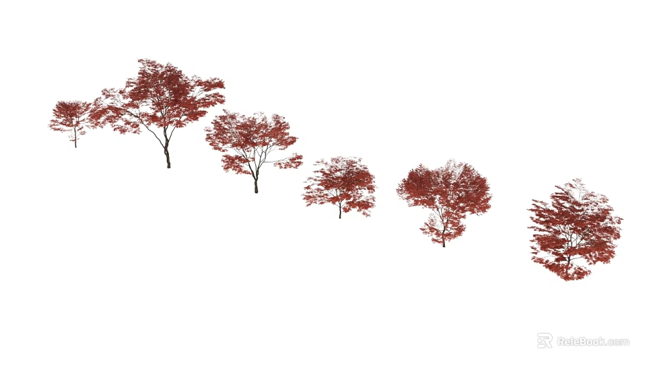 Multiple Deciduous Arbor Trees With Red Autumn Leaves In Landscape 3d model 